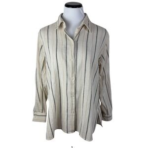 New York & Company Women's Large Striped Cotton Gauze Button Down Shirt Beige
